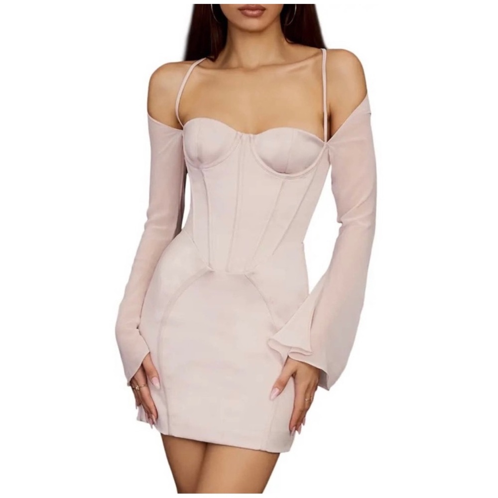 House of CB | Isra Long Sleeve Georgette Corset Minidress in Crystal Size XS
